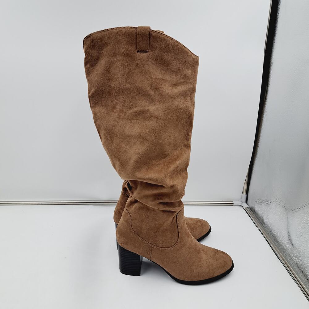 Journee Collection Tan Western Style Slouch Knee High Inside Zip Heel Boots 9